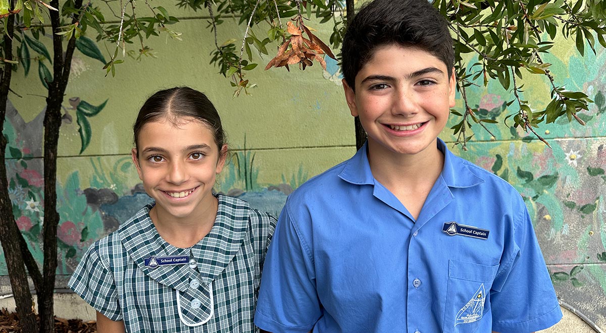 Our Lady of Lourdes Primary, Baulkham Hills, school captains Harper Saab, 10 (left), and Jacob Makdessi, 12