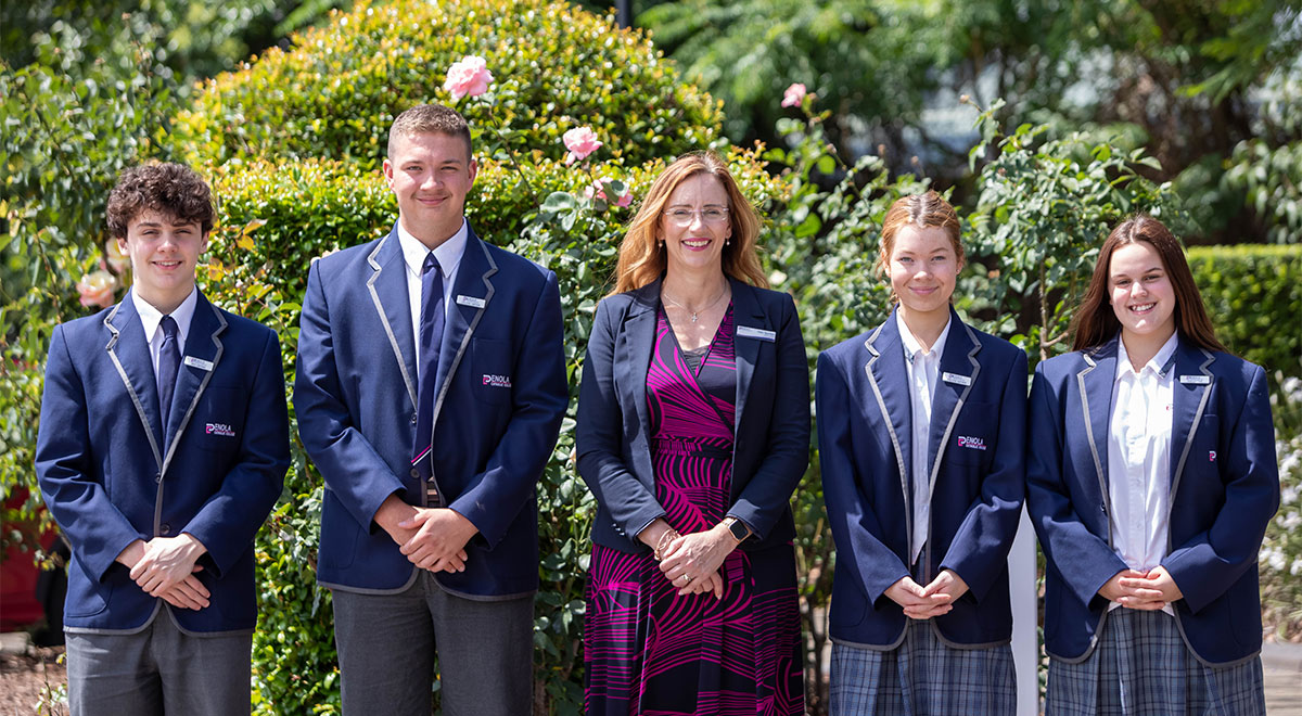 Penola Catholic College leaders posing with Principal Peta Sparkes