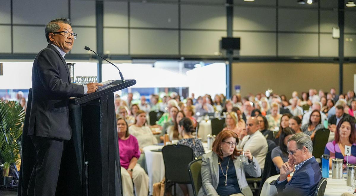 Bishop Vincent Long OFM Conv delivering an address to the audience of the Catholic Schools Parramatta Diocese System Leaders Day 2024