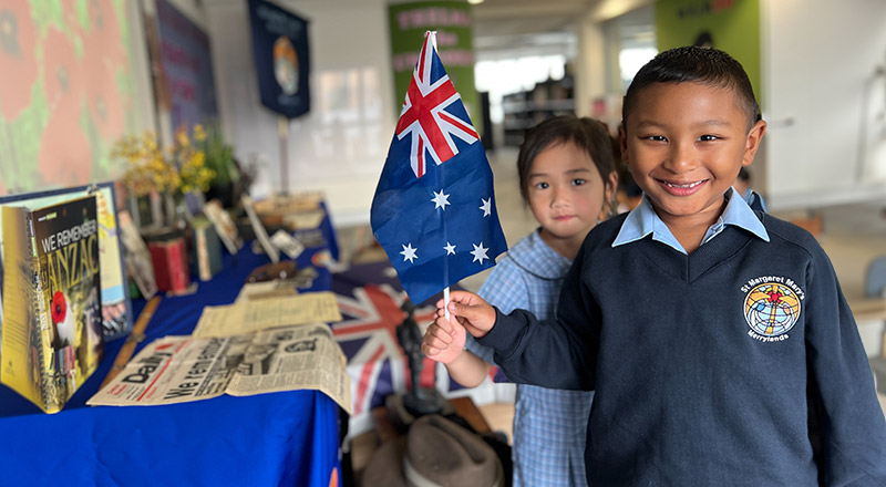 St Margaret Mary's Primary Merrylands students with ANZAC Day mementos